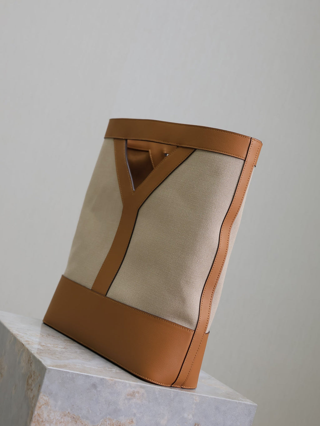 Saint Laurent HANDBAG 33 IN WHITE CANVAS AND BROWN CALFSKIN