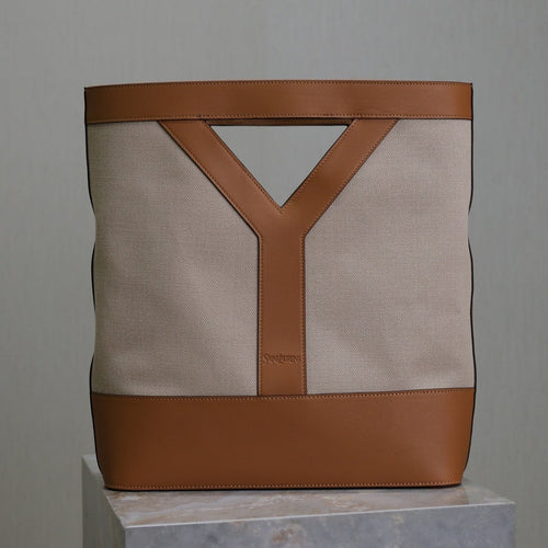 Saint Laurent HANDBAG 33 IN WHITE CANVAS AND BROWN CALFSKIN