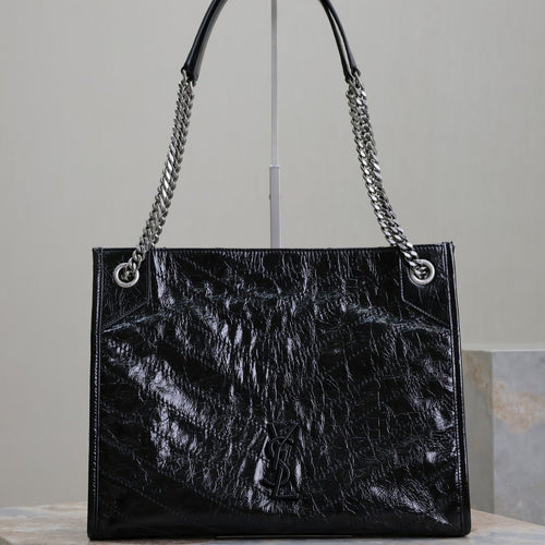 Saint Laurent NIKI SHOPPING BAG 33 IN BLACK CRUMPLED CALFSKIN SILVER HARDWARE