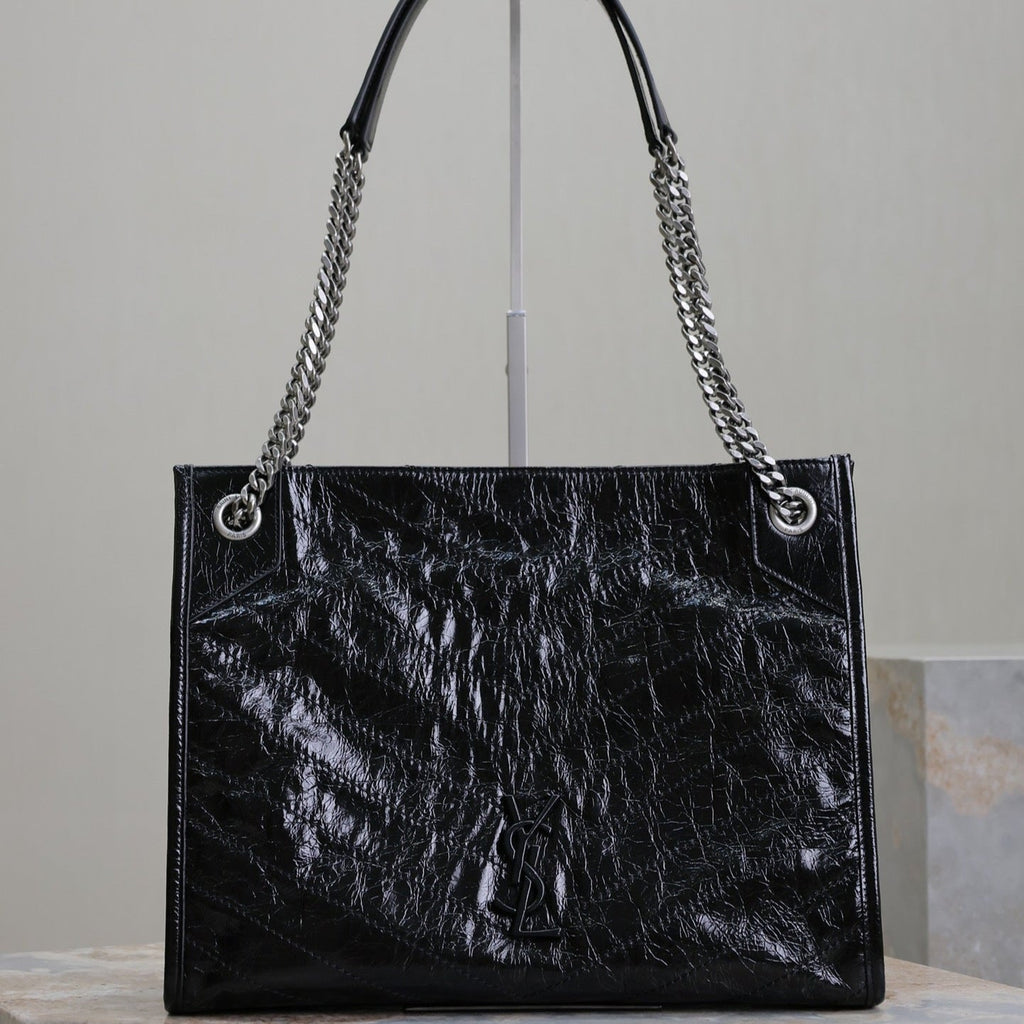 Saint Laurent NIKI SHOPPING BAG 33 IN BLACK CRUMPLED CALFSKIN SILVER HARDWARE