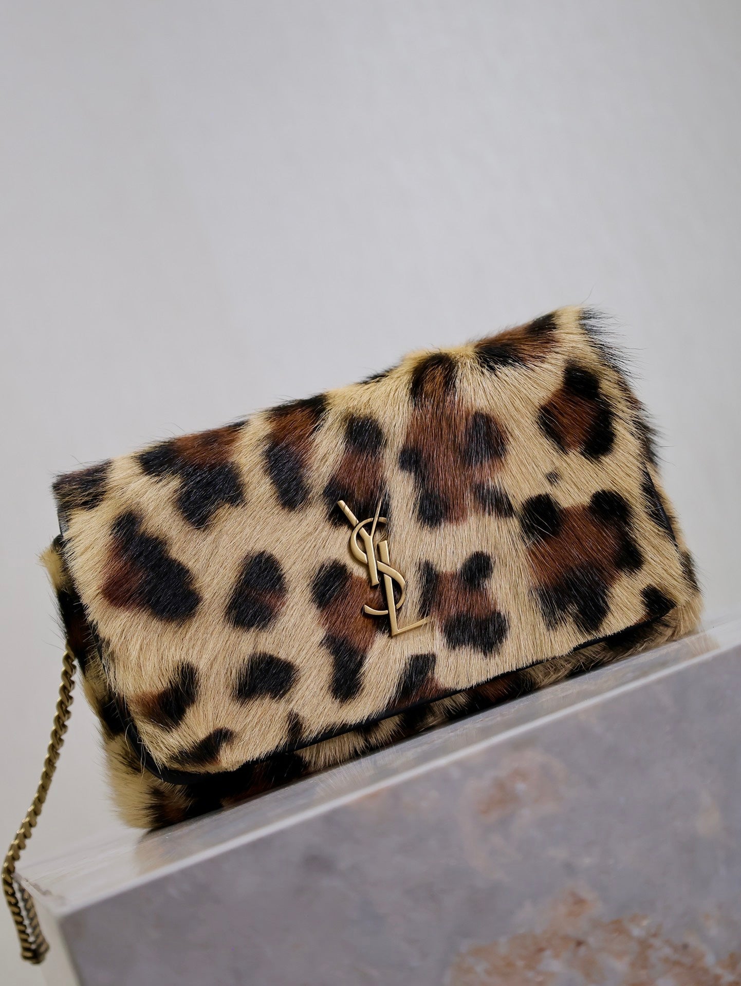 Saint Laurent KATE SMALL BAG 20 IN LEOPARD PRINT FUR COPPER CHAIN