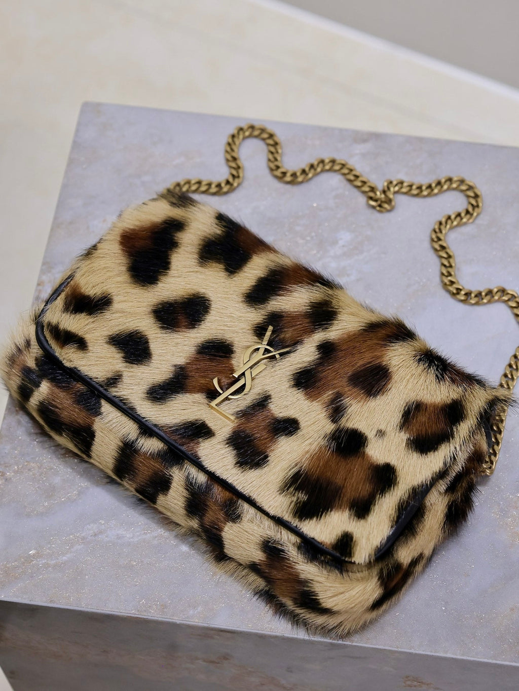 Saint Laurent KATE SMALL BAG 20 IN LEOPARD PRINT FUR COPPER CHAIN