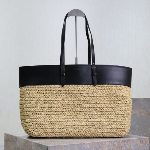 Saint Laurent SHOPPING TOTE BAG 38 IN BEIGE WOVEN RAFFIA AND BLACK CALFSKIN
