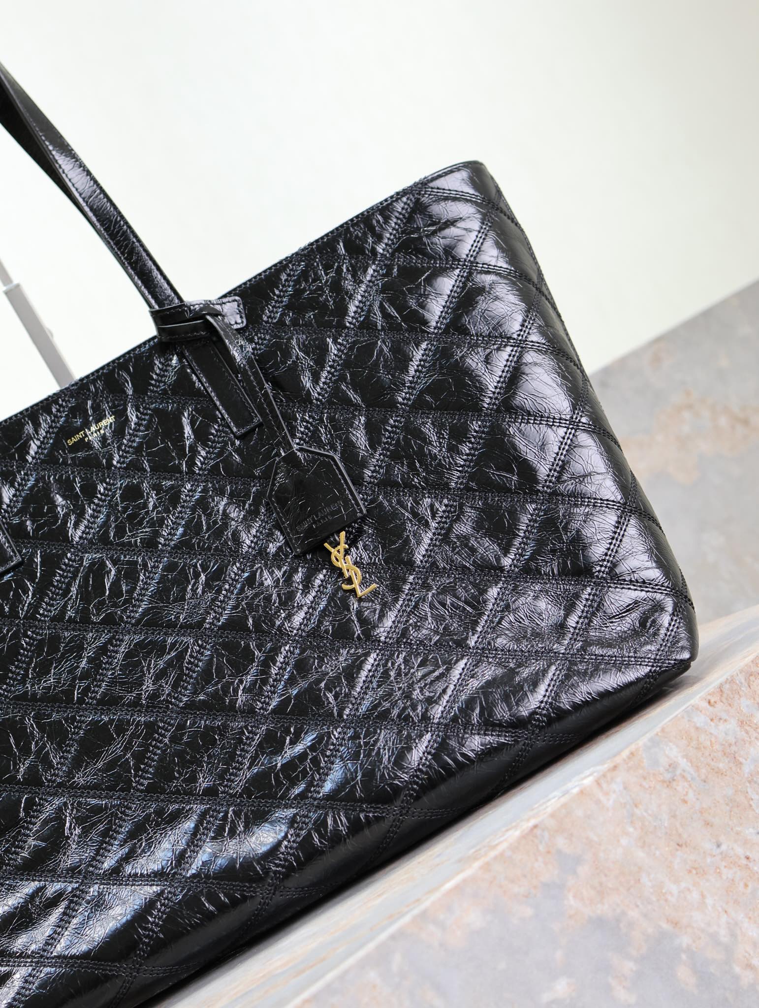 Saint Laurent SHOPPING TOTE BAG 38 IN BLACK CRUMPLED CALFSKIN