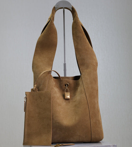 Saint Laurent TANGER HOBO BAG 27 IN PEANUT BROWN SUEDE