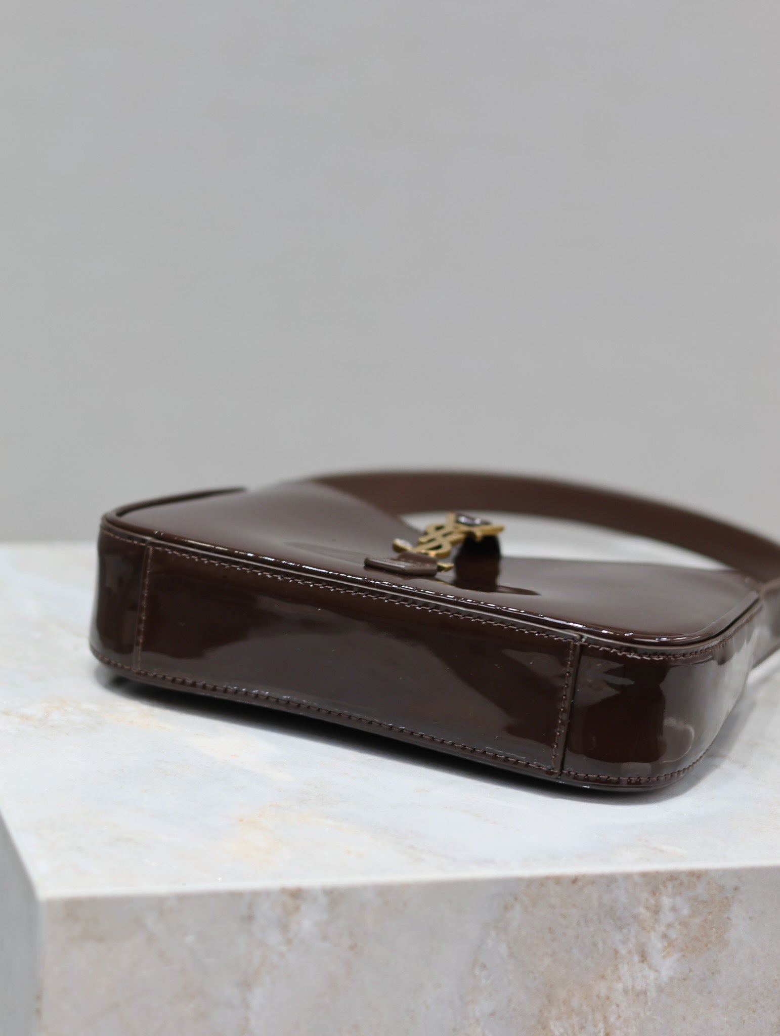 Saint Laurent LE 5 À 7 MINI BAG 19 IN CHOCOLATE PATENT CALFSKIN GOLD LOGO