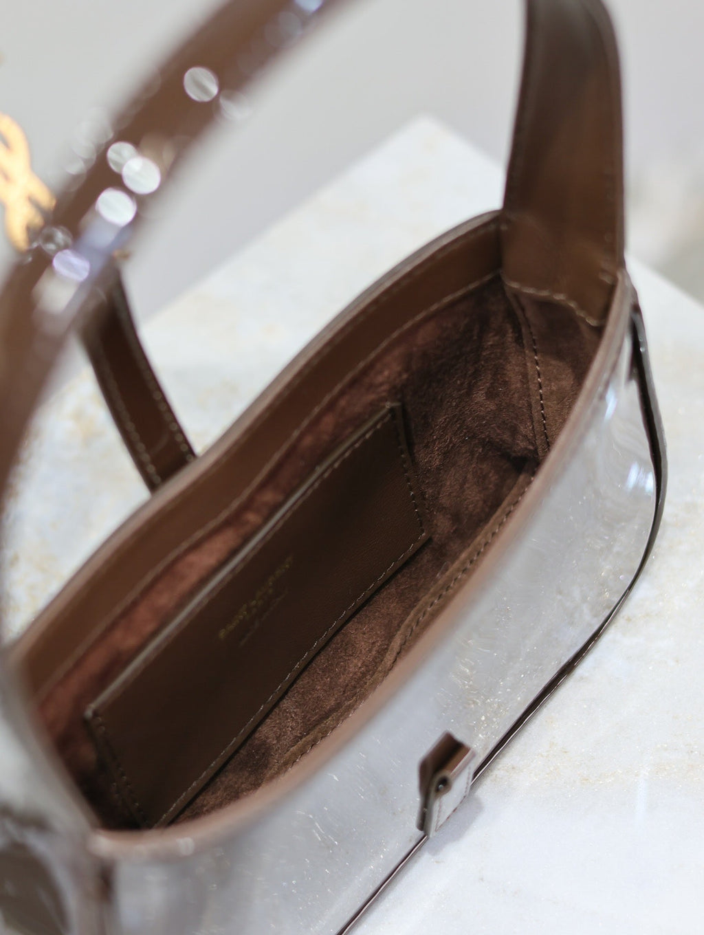 Saint Laurent LE 5 À 7 MINI BAG 19 IN CHOCOLATE PATENT CALFSKIN GOLD LOGO