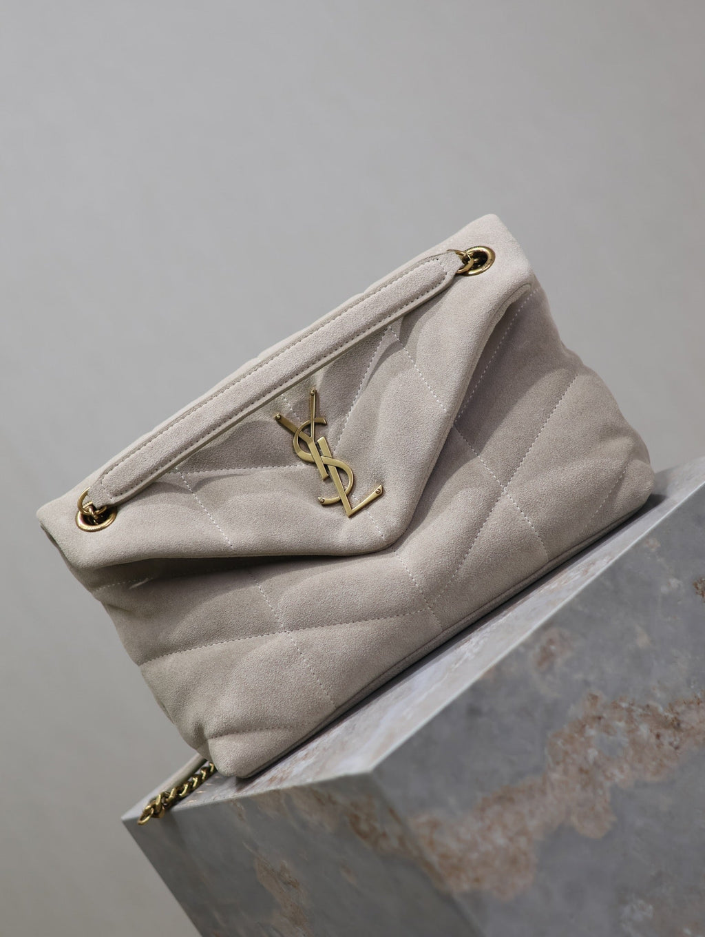 Saint Laurent PUFFER BAG 29 IN OYSTER TAN SUEDE GOLD HARDWARE
