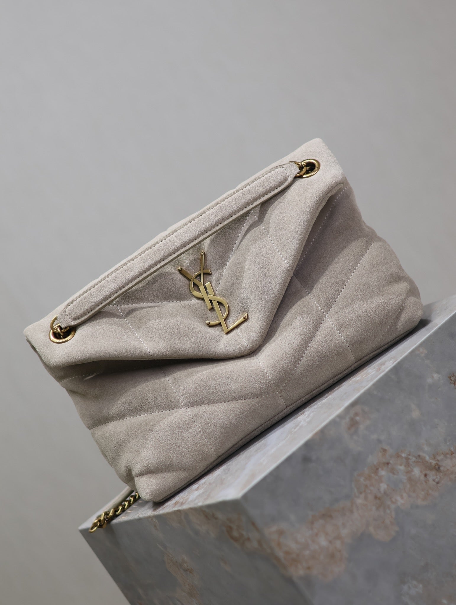Saint Laurent PUFFER BAG 29 IN OYSTER TAN SUEDE GOLD HARDWARE