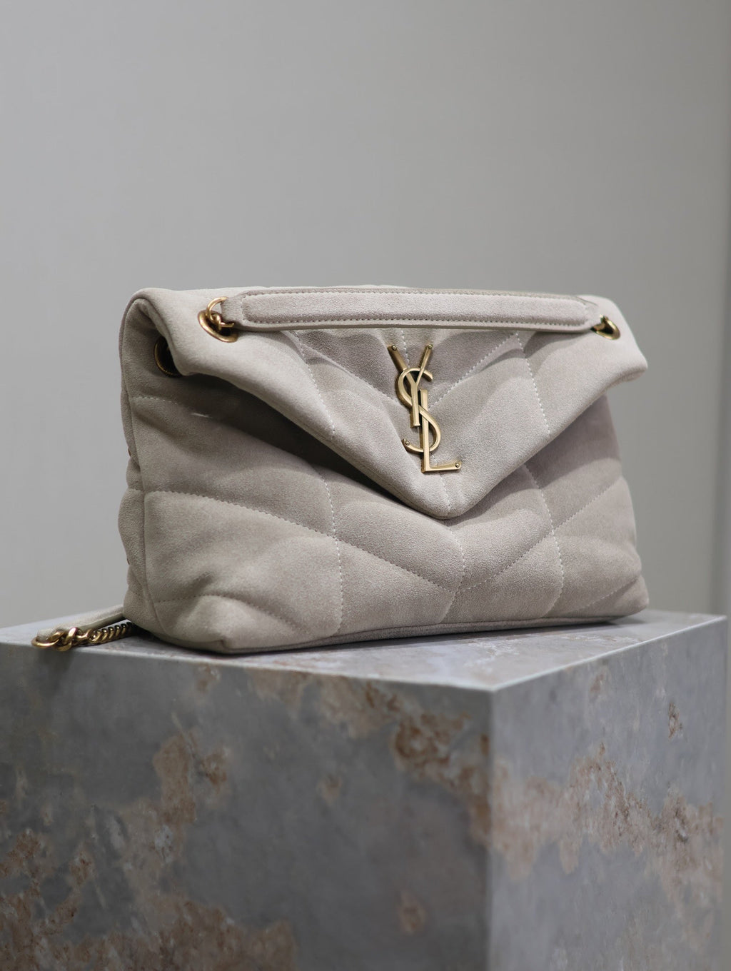 Saint Laurent PUFFER BAG 29 IN OYSTER TAN SUEDE GOLD HARDWARE