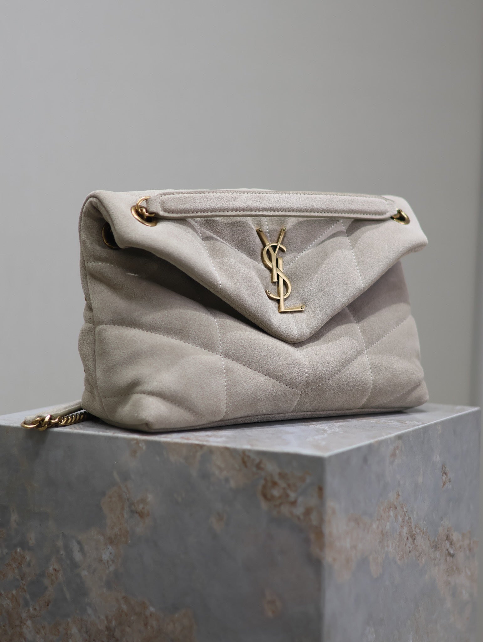 Saint Laurent PUFFER BAG 29 IN OYSTER TAN SUEDE GOLD HARDWARE