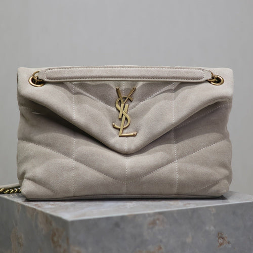 Saint Laurent PUFFER BAG 29 IN OYSTER TAN SUEDE GOLD HARDWARE