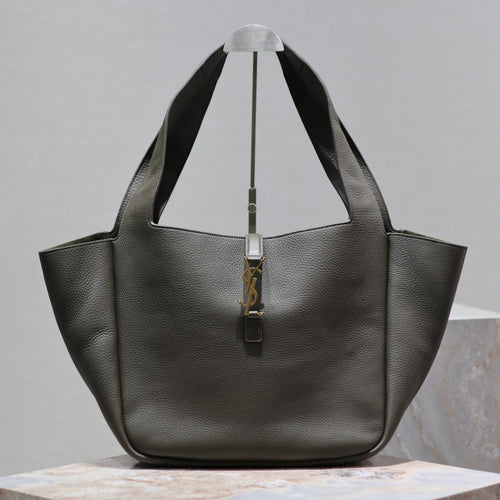 Saint Laurent LE 5 À 7 BEA TOTE BAG 50 IN KHAKI GREEN LAMBSKIN COPPER LOGO