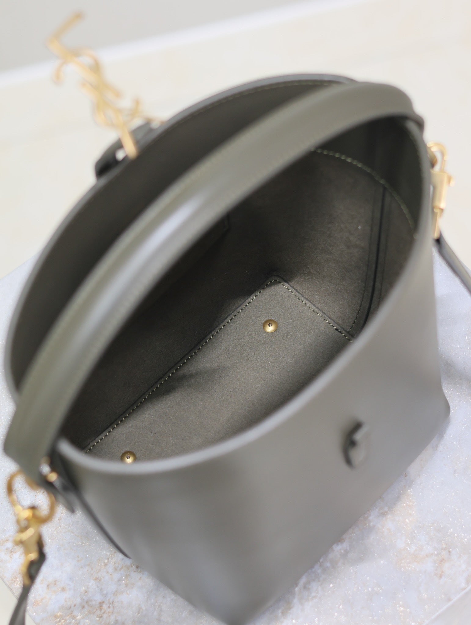 Saint Laurent LE 37 SMALL BUCKET BAG 20 IN KHAKI GREEN CALFSKIN GOLD HARDWARE