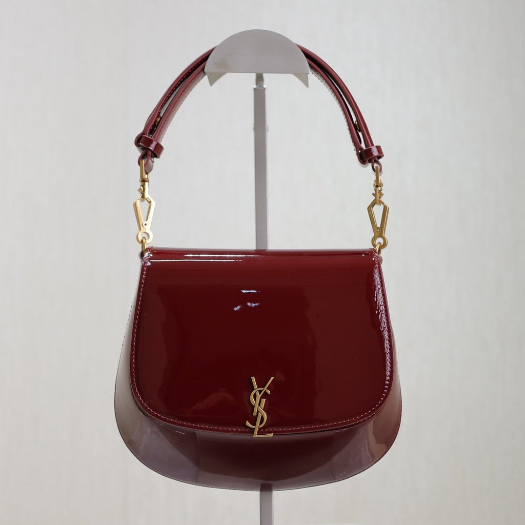 Saint Laurent VOLTAIRE SADDLE BAG 21 IN BORDEAUX RED PATENT CALFSKIN
