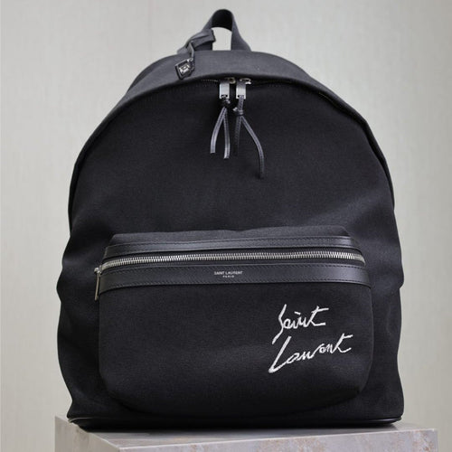 Saint Laurent CITY BACKPACK 38 IN BLACK CANVAS WITH WHITE EMBROIDED LOGO
