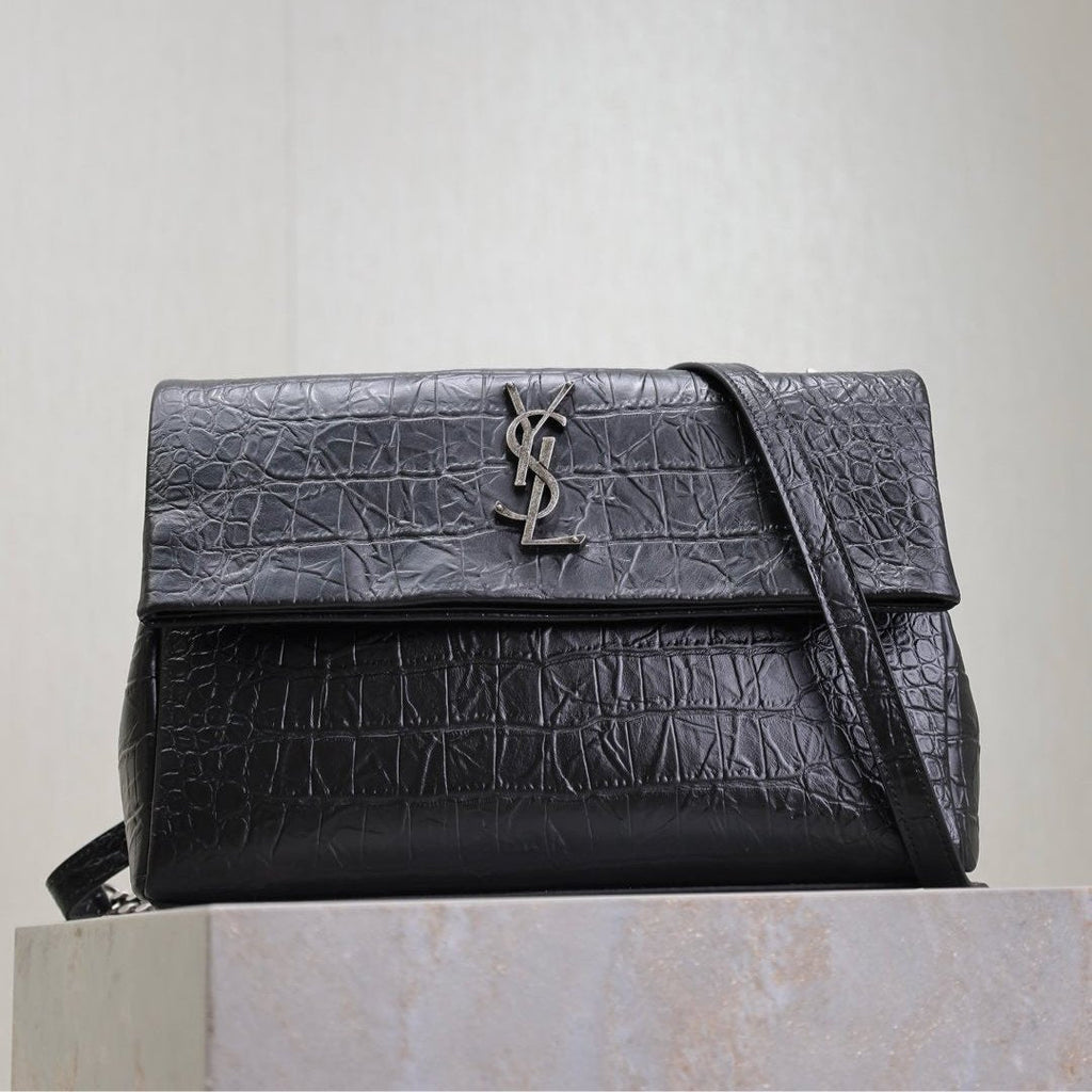 Saint Laurent WEST HOLLYWOOD BAG 28 IN BLACK CROCODILE TEXTURED CALFSKIN SILVER HARDWARE