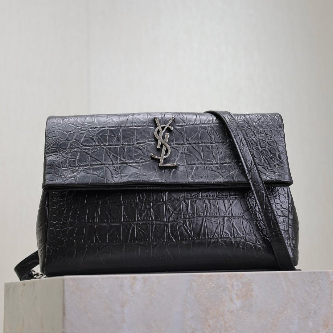 Saint Laurent WEST HOLLYWOOD BAG 28 IN BLACK CROCODILE TEXTURED CALFSKIN SILVER HARDWARE