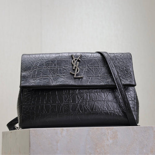 Saint Laurent WEST HOLLYWOOD BAG 28 IN BLACK CROCODILE TEXTURED CALFSKIN SILVER HARDWARE