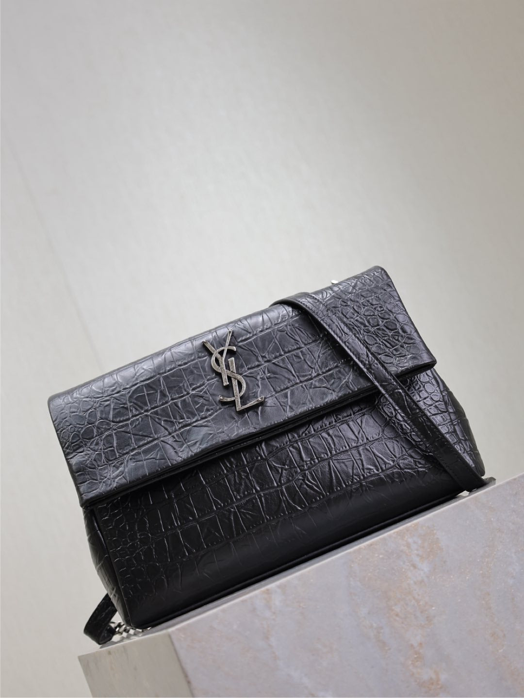 Saint Laurent WEST HOLLYWOOD BAG 28 IN BLACK CROCODILE TEXTURED CALFSKIN SILVER HARDWARE