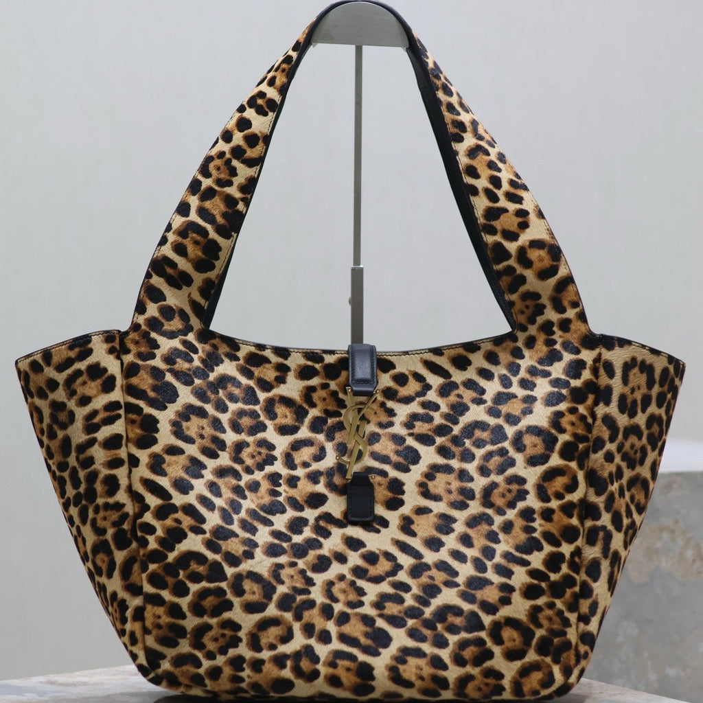 Saint Laurent LE 5 À 7 BEA TOTE BAG 50 IN LEOPARD PRINT LEATHER GOLD LOGO