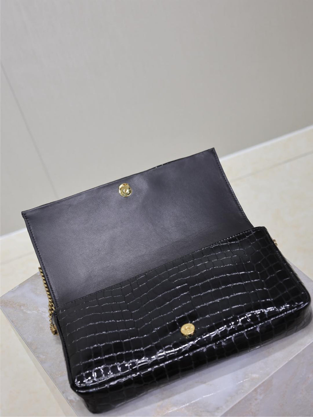 Saint Laurent KATE 99 MEDIUM BAG 26 IN BLACK CROCODILE-EMBOSSED CALFSKIN COPPER HARDWARE