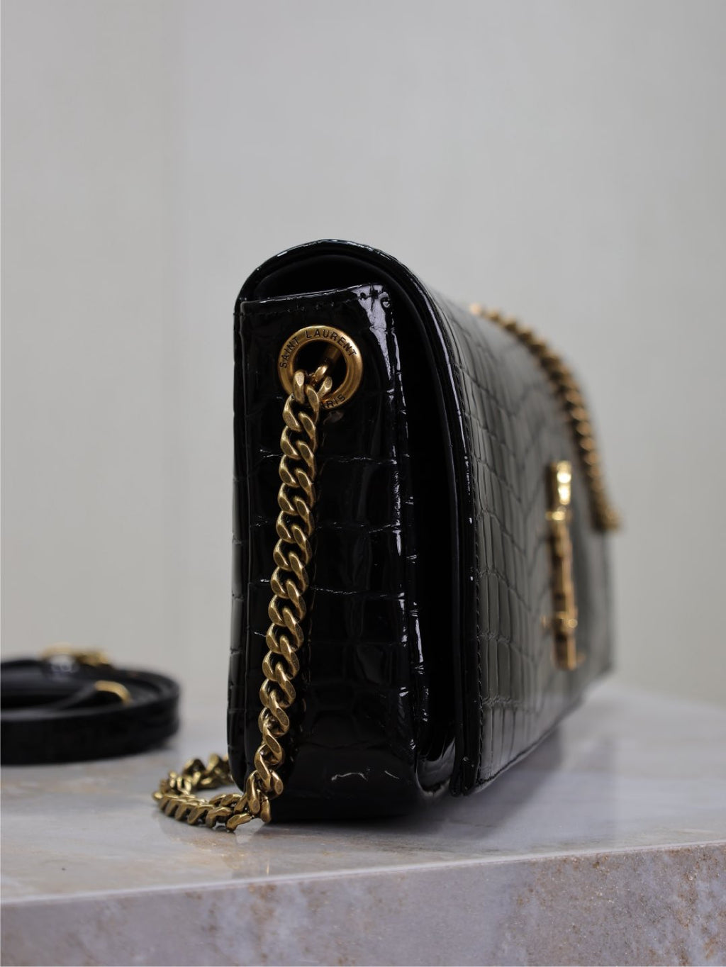 Saint Laurent KATE 99 MEDIUM BAG 26 IN BLACK CROCODILE-EMBOSSED CALFSKIN COPPER HARDWARE