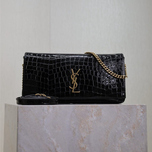 Saint Laurent KATE 99 MEDIUM BAG 26 IN BLACK CROCODILE-EMBOSSED CALFSKIN COPPER HARDWARE