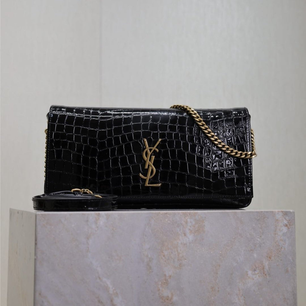 Saint Laurent KATE 99 MEDIUM BAG 26 IN BLACK CROCODILE-EMBOSSED CALFSKIN COPPER HARDWARE