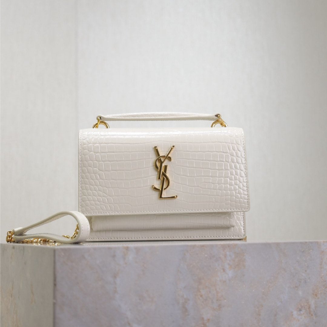 Saint Laurent SUNSET SMALL BAG 19 IN WHITE CROCODILE-EMBOSSED CALFSKIN GOLD HARDWARE