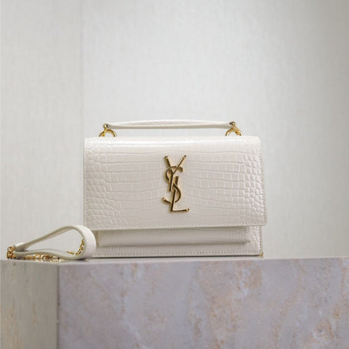 Saint Laurent SUNSET SMALL BAG 19 IN WHITE CROCODILE-EMBOSSED CALFSKIN GOLD HARDWARE