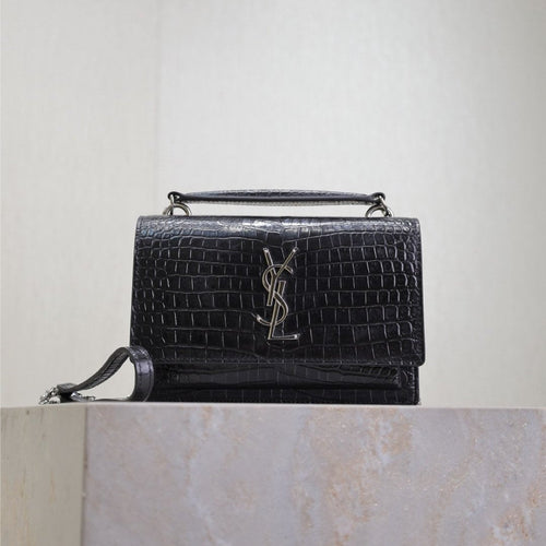 Saint Laurent SUNSET SMALL BAG 19 IN BLACK CROCODILE-EMBOSSED CALFSKIN SILVER HARDWARE