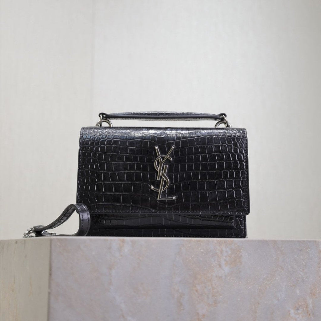 Saint Laurent SUNSET SMALL BAG 19 IN BLACK CROCODILE-EMBOSSED CALFSKIN SILVER HARDWARE