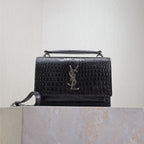 Saint Laurent SUNSET SMALL BAG 19 IN BLACK CROCODILE-EMBOSSED CALFSKIN SILVER HARDWARE