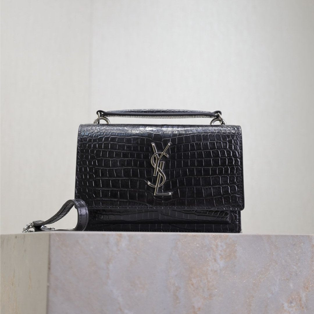 Saint Laurent SUNSET SMALL BAG 19 IN BLACK CROCODILE-EMBOSSED CALFSKIN SILVER HARDWARE