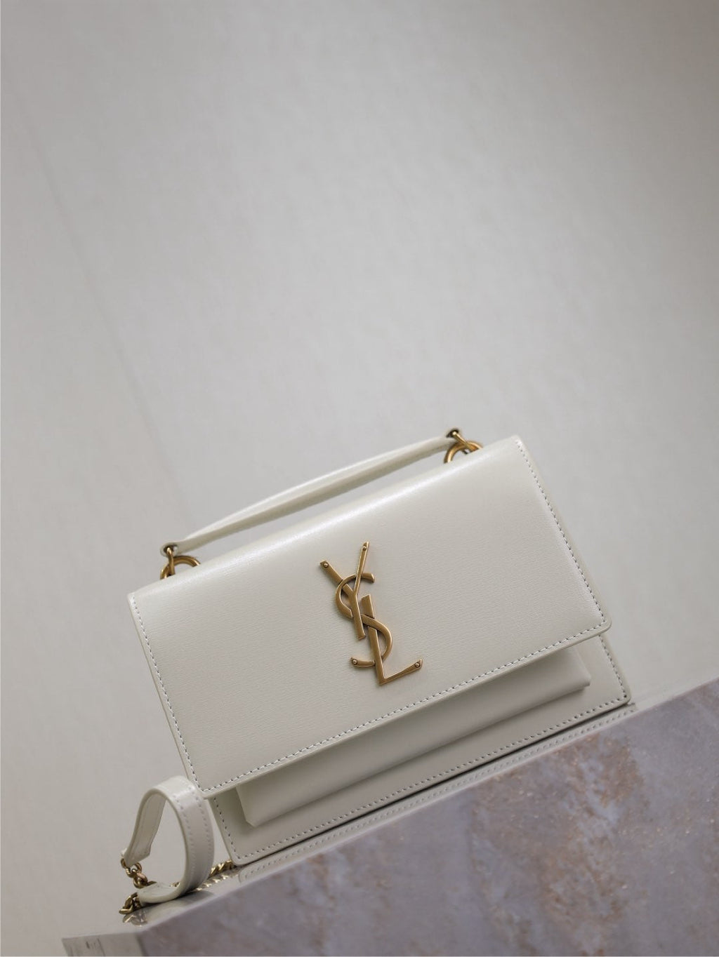 Saint Laurent SUNSET SMALL BAG 19 IN WHITE CALFSKIN GOLD HARDWARE