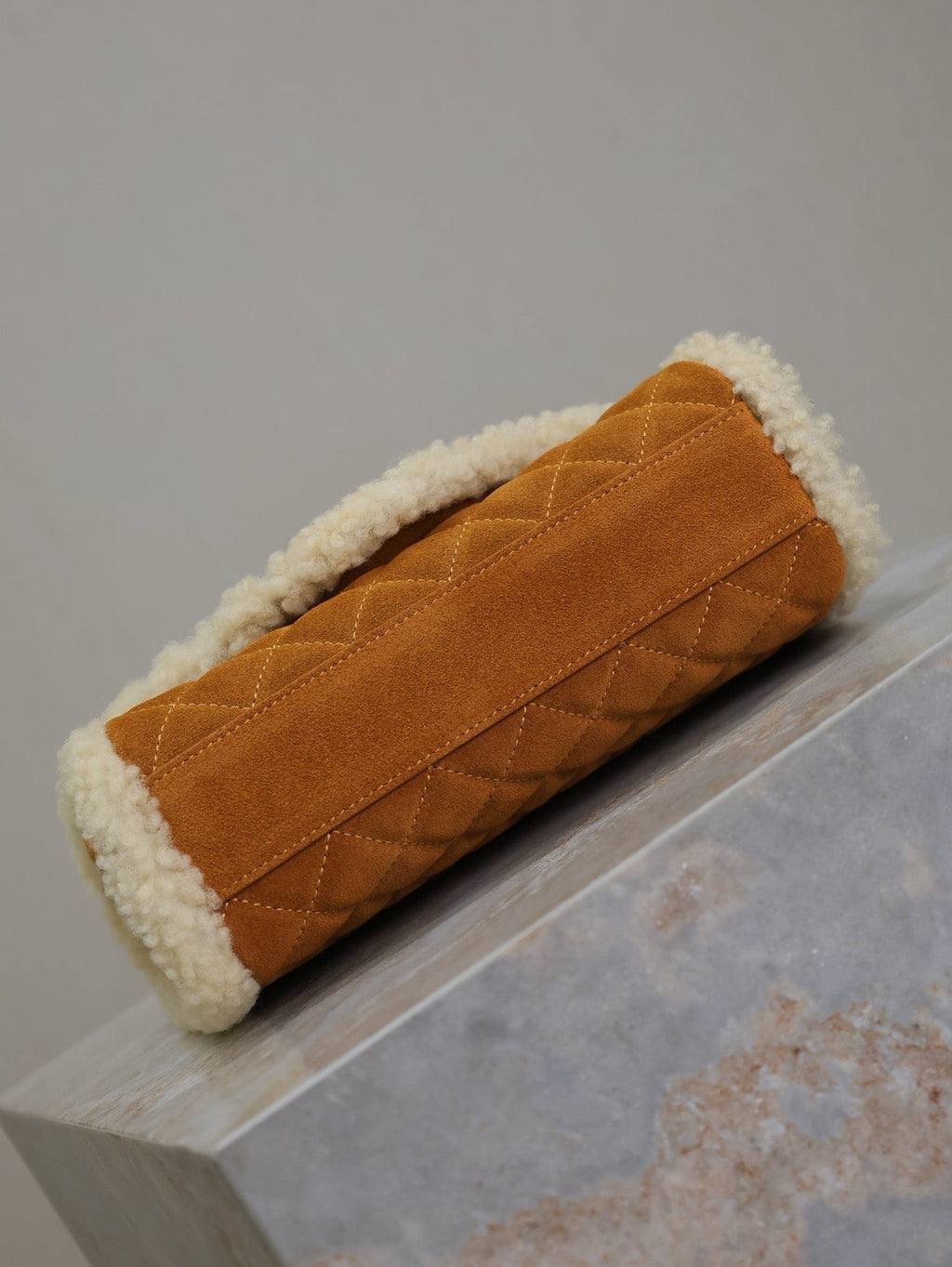 Saint Laurent ENVELOPE CHAIN BAG 21 IN BRONZE BROWN SUEDE AND WHITE SHEARLING TRIM GOLD HARDWARE