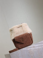 Saint Laurent JOE MINI BUCKET BAG 19 IN WHITE SHEARLING AND BROWN SUEDE
