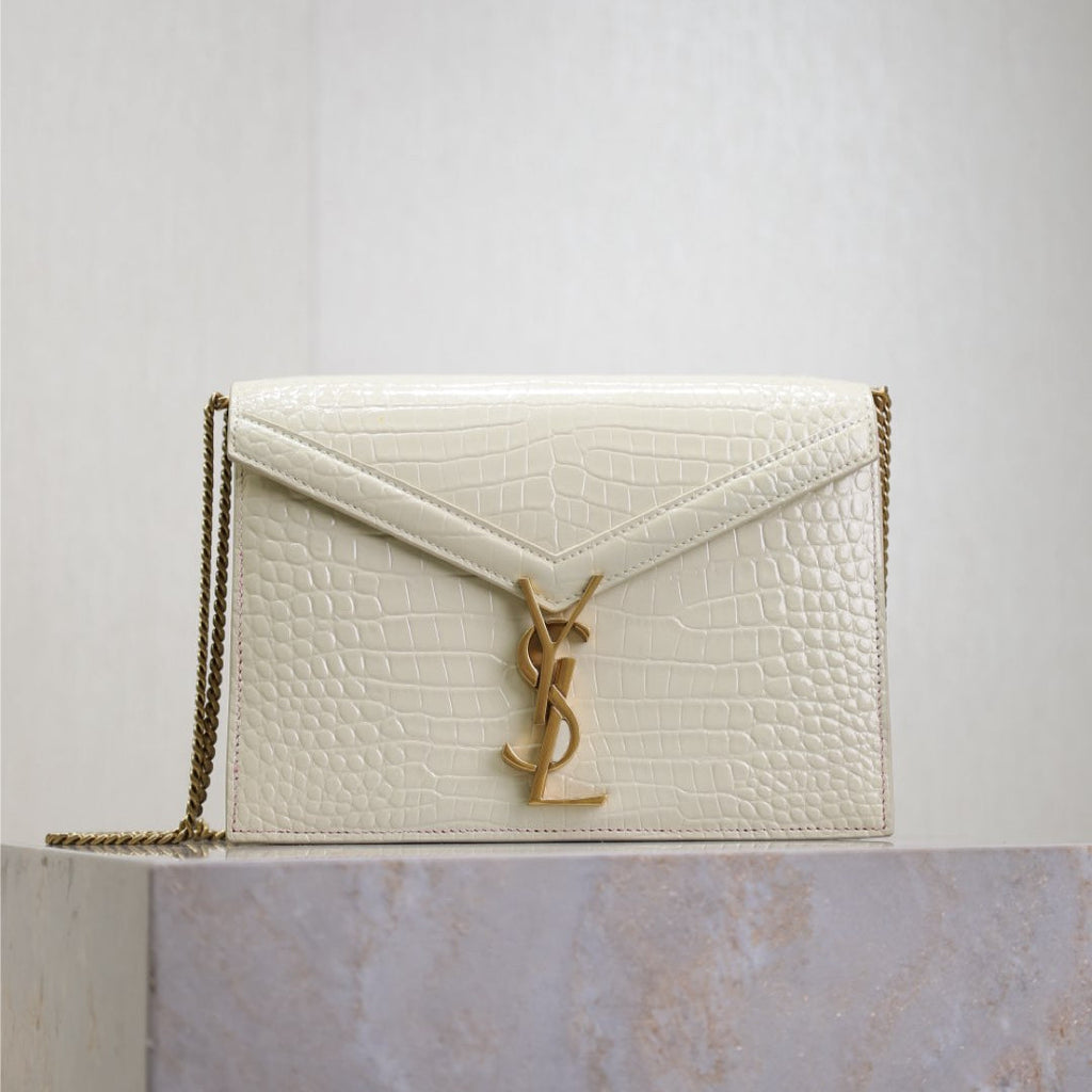 Saint Laurent CASSANDRA CHAIN BAG 22 IN WHITE CROCODILE PATTERN CALFSKIN GOLD HARDWARE
