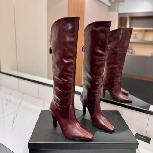 Saint Laurent CLASSIC HIGH KNEE BOOTS IN BURGUNDY RED CALFSKIN