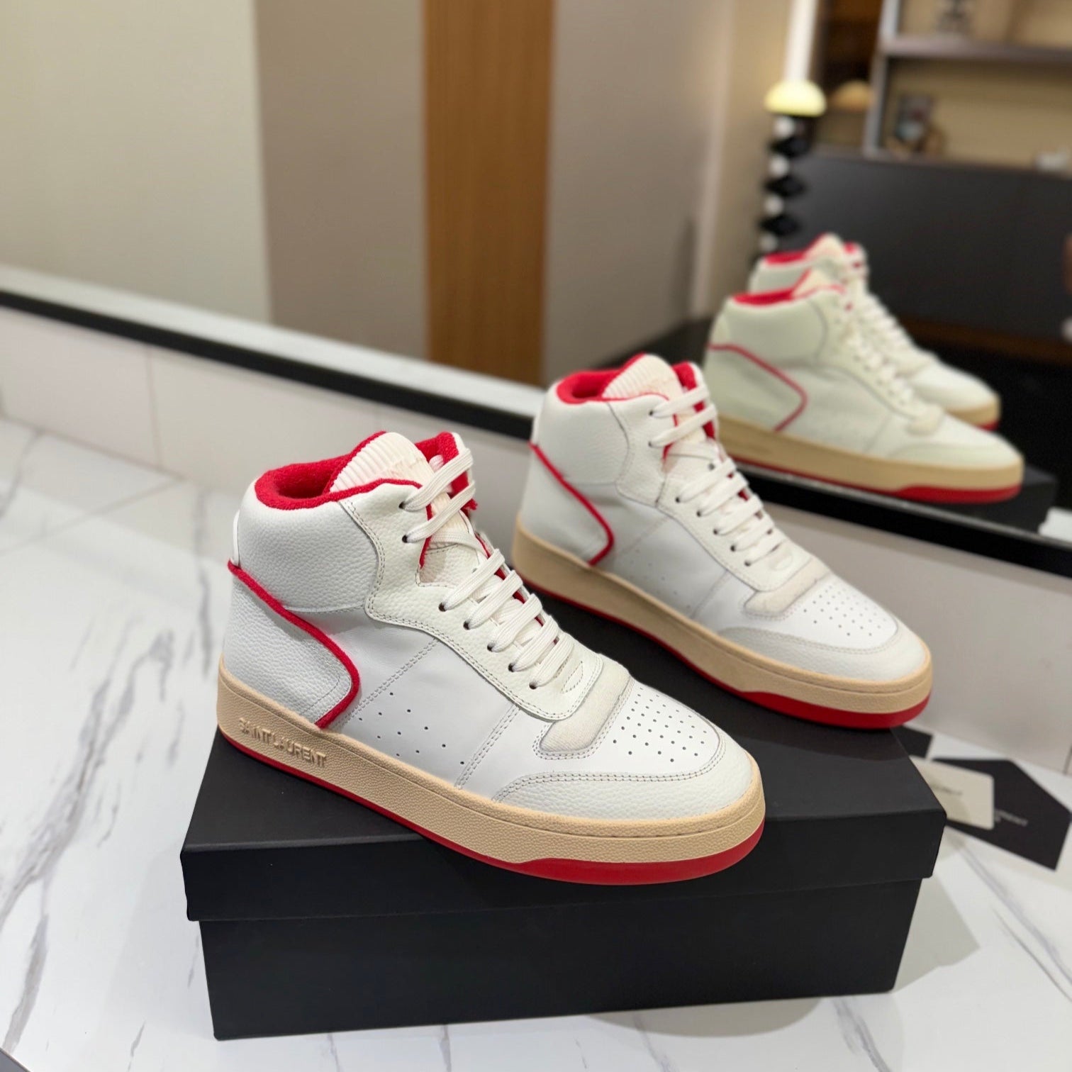 Saint Laurent MID-TOP SNEAKERS IN WHITE AND RED TRIM PERFORATED LAMBSKIN