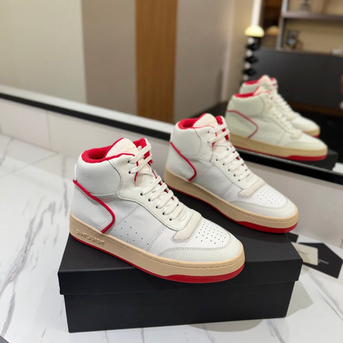 Saint Laurent MID-TOP SNEAKERS IN WHITE AND RED TRIM PERFORATED LAMBSKIN