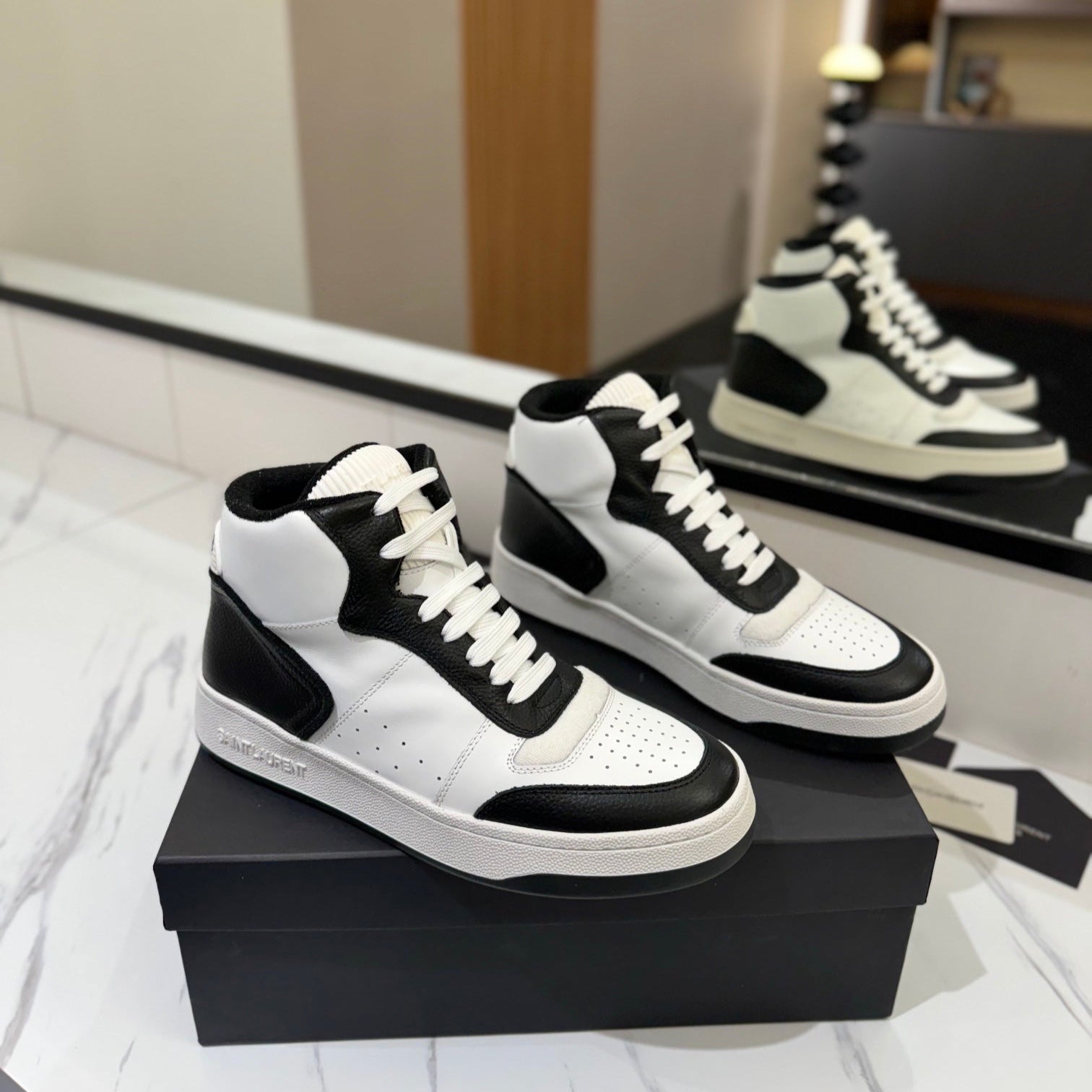 Saint Laurent MID-TOP SNEAKERS IN WHITE MIX BLACK PERFORATED LAMBSKIN