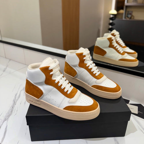 Saint Laurent MID-TOP SNEAKERS IN WHITE PERFORATED LAMBSKIN AND BRONZE ORANGE SUEDE