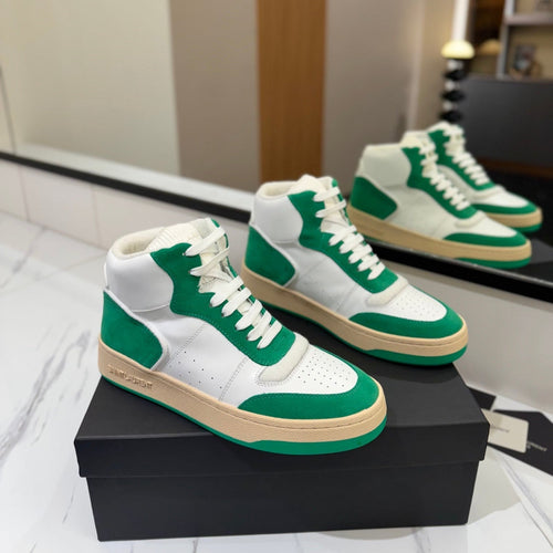 Saint Laurent MID-TOP SNEAKERS IN WHITE PERFORATED LAMBSKIN AND GREEN SUEDE