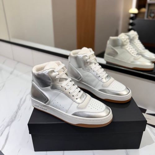 Saint Laurent MID-TOP SNEAKERS IN SILVER MIX WHITE LAMBSKIN