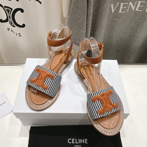Celine LYMPIA SANDAL IN TRIOMPHE MACCRAMÉ COTTON & CALFSKIN BRONZE BROWN/NAVY