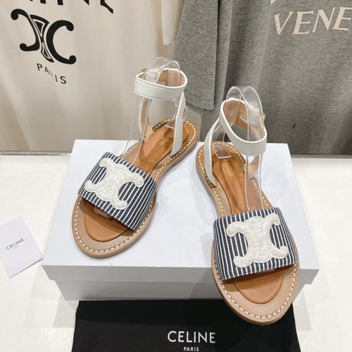 Celine LYMPIA SANDAL IN TRIOMPHE MACCRAMÉ COTTON & CALFSKIN OFF WHITE / NAVY