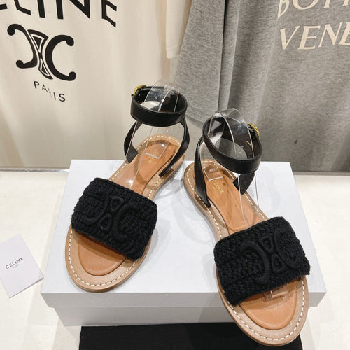 Celine LYMPIA SANDAL IN TRIOMPHE MACCRAMÉ COTTON & CALFSKIN BLACK