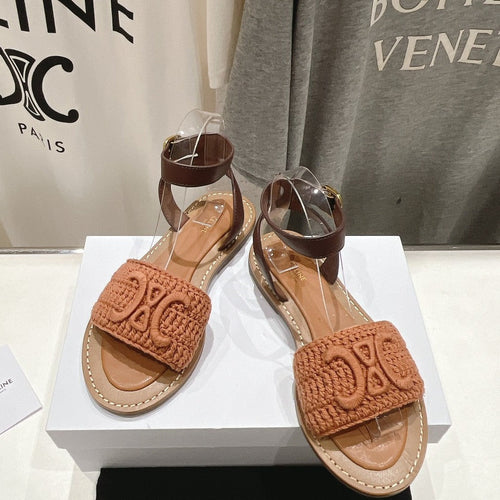 Celine LYMPIA SANDAL IN TRIOMPHE MACCRAMÉ COTTON & CALFSKIN BROWN/DARK BROWN